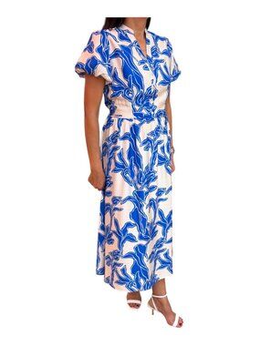 Women's Casual Floral Dress With V-neck Buttons with Puffy short shoulder Sleeve